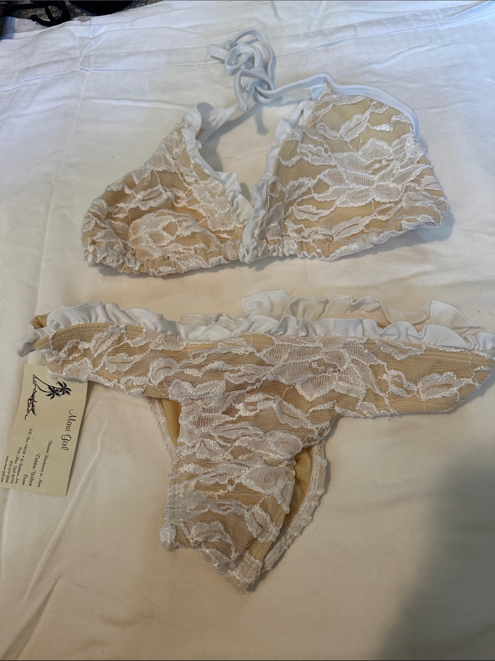 Lace Overlay Swim Bralette & Ruffled Bikini Bottoms - Nude/White